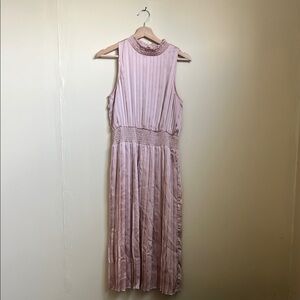 TCEC Pink Pleated Midi Sundress Mock Neck
